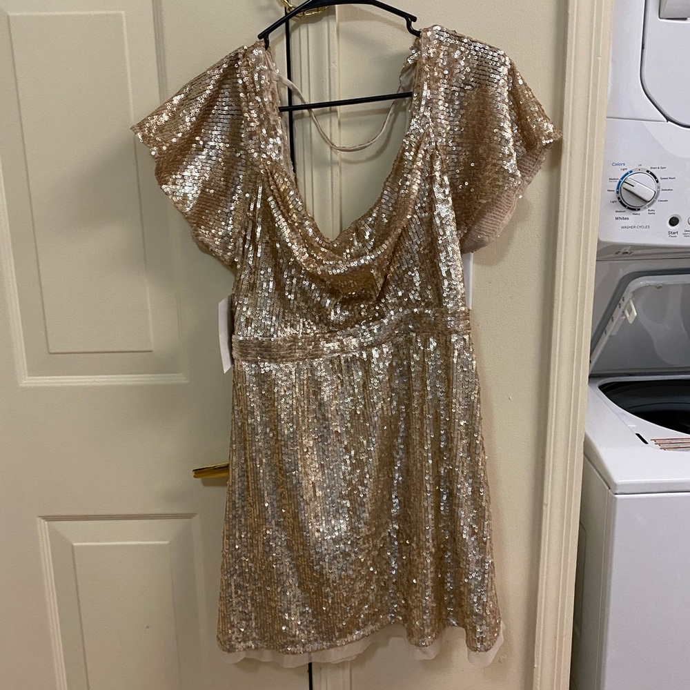 NWT Free People gold sequin open back mini dress